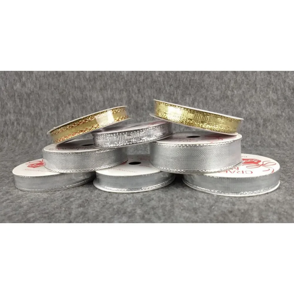 Metallic Ribbon Wired Bowtique Craft Gift Wrap Christmas Gold & Silver Lot/8 NEW